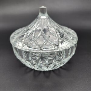 Vintage KIG Indonesia Clear Glass Candy Dish w/ Lid Geometric Pattern Trinket
